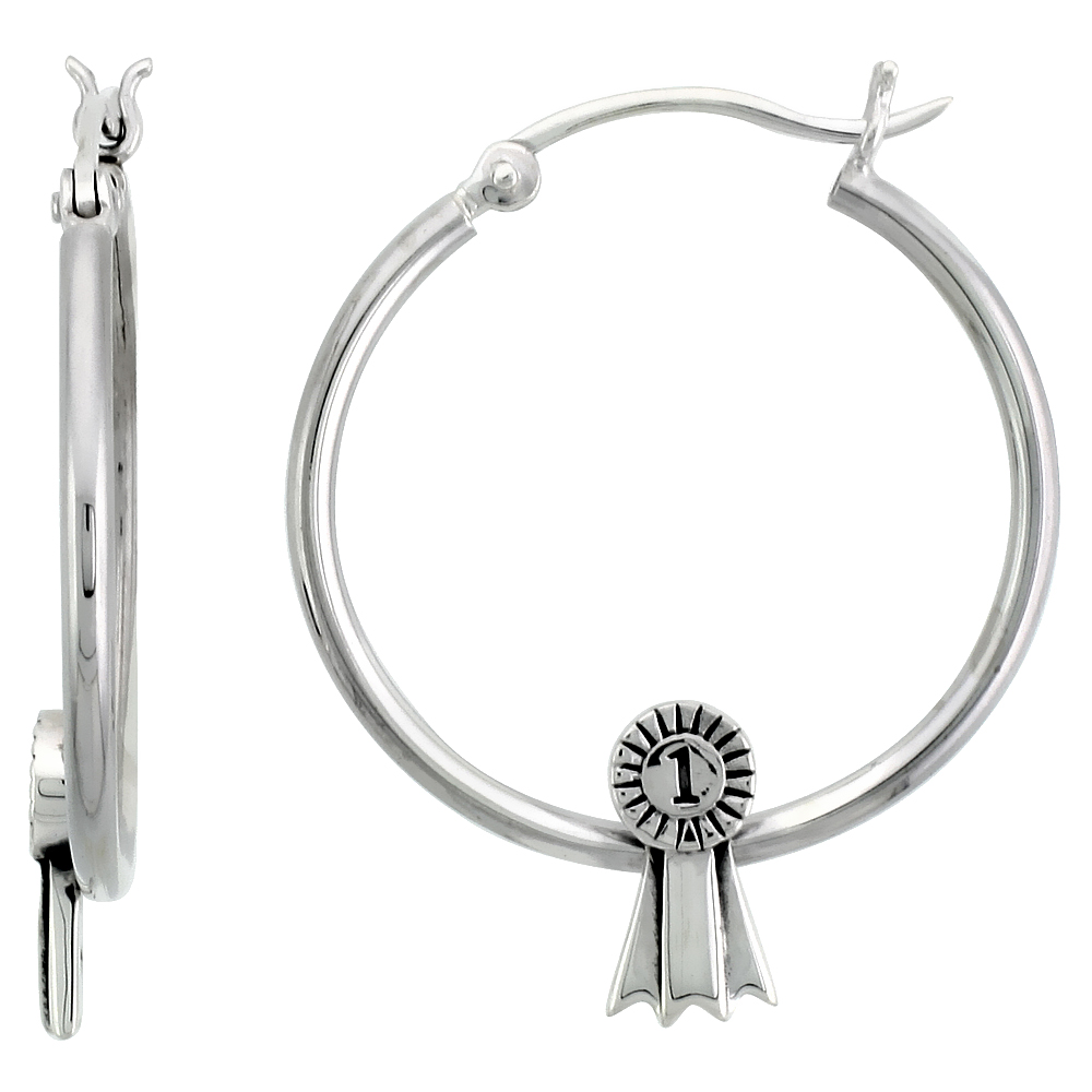 Sterling Silver Hoop Earrings First Place Ribbon, 1 1/4 inch long