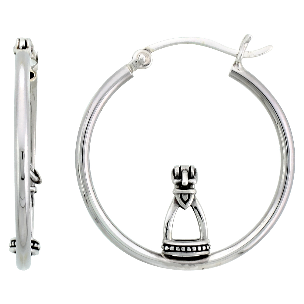 Sterling Silver Stirrup Earrings Hoops, 1 1/8 inch long