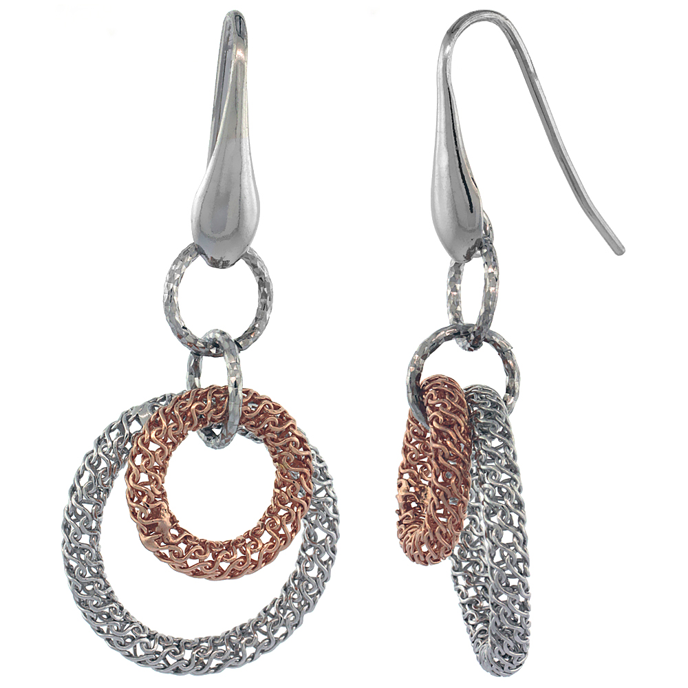 Sterling Silver Italian Filigree Wire Mandala Earrings Diamond Cut Rose Gold Finish, 2 inches long