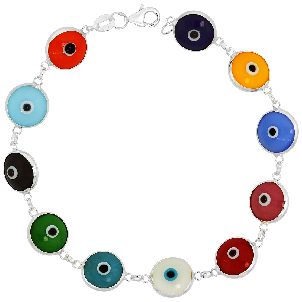 STERLING SILVER MULTICOLOR EVIL EYE BRACELET FOR WOMEN 10 MM GLASS EYE BEADS 8 INCH