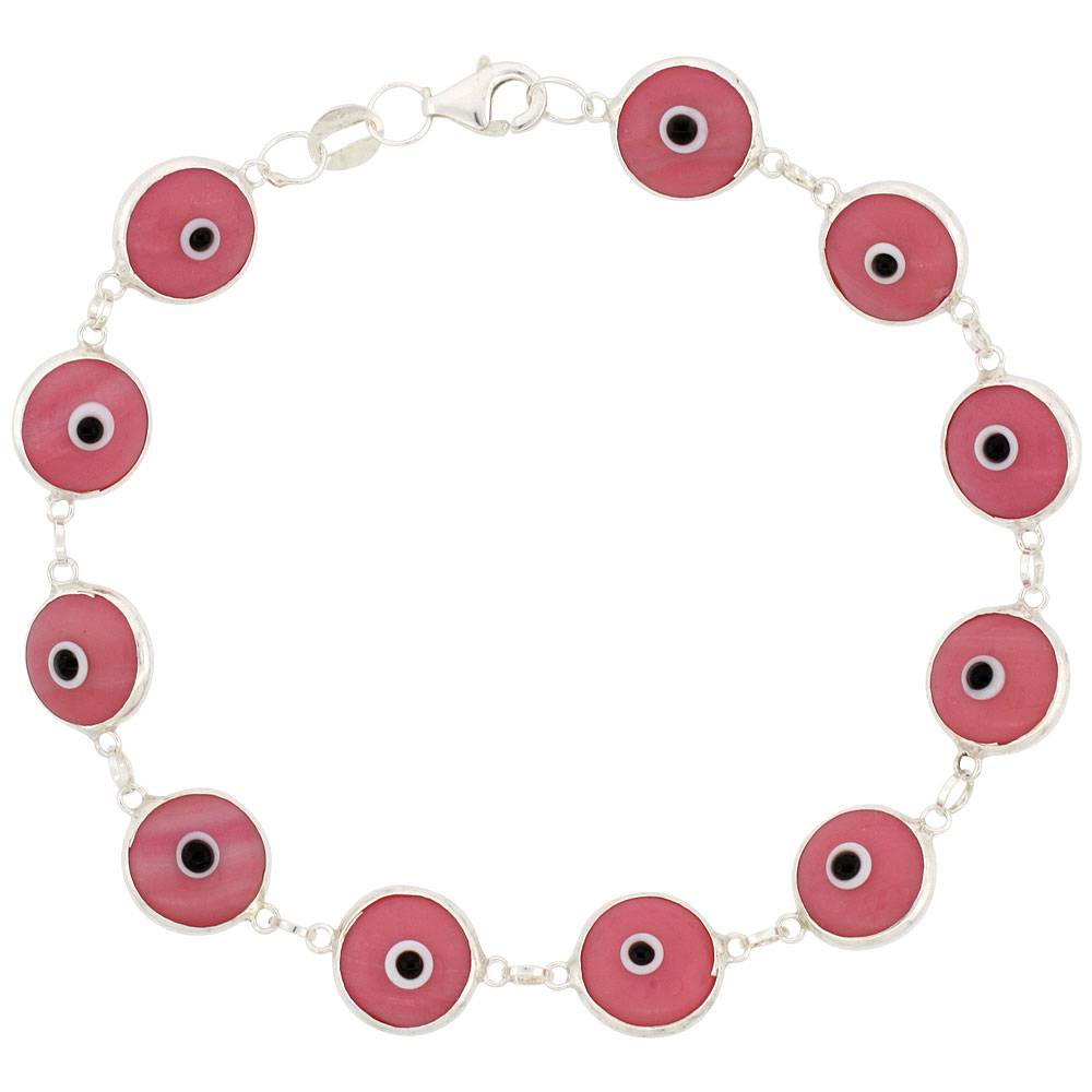 STERLING SILVER PINK EVIL EYE BRACELET FOR WOMEN 10 MM GLASS EYES 8 INCH