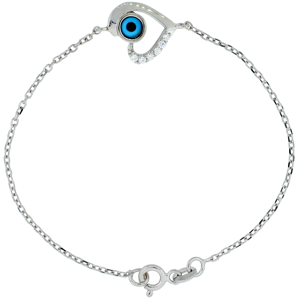 STERLING SILVER CUBIC ZIRCONIA HEART EVIL EYE CHARM BRACELET, 6.75 INCH