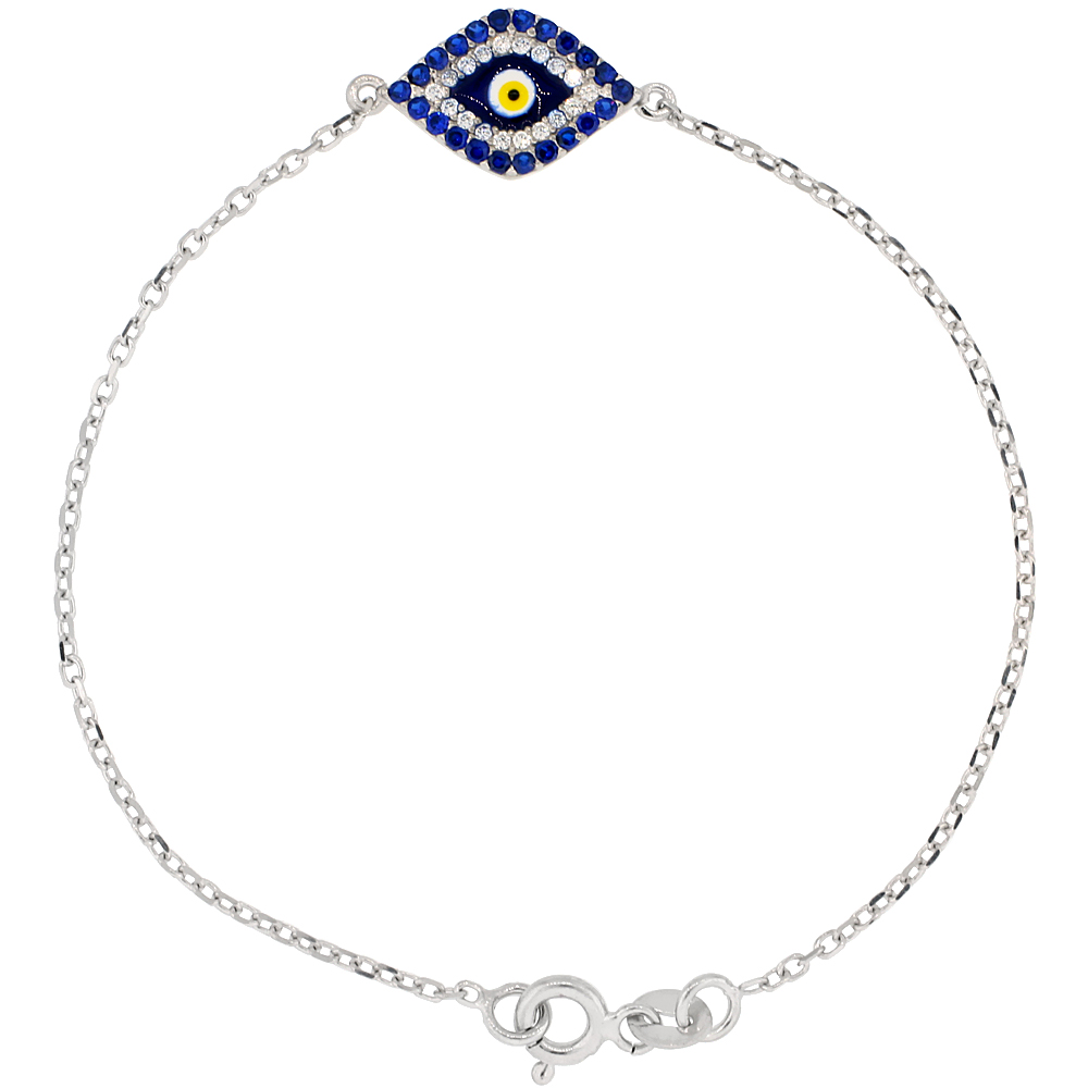 Sterling Silver Cubic Zirconia Evil Eye Charm Bracelet 6.75 inch