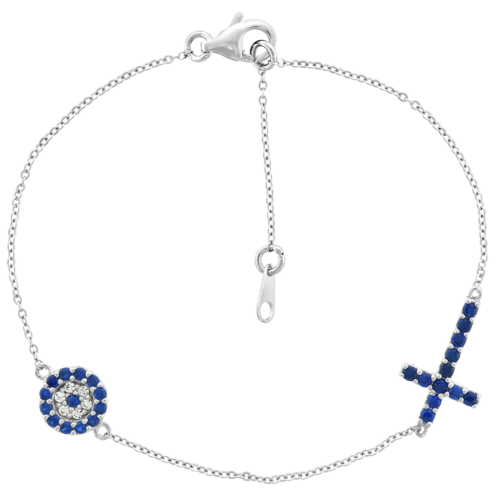 STERLING SILVER CUBIC ZIRCONIA BLUE CROSS EVIL EYE CHARM BRACELET, 7 INCHES LONG + 1 IN EXTENSION