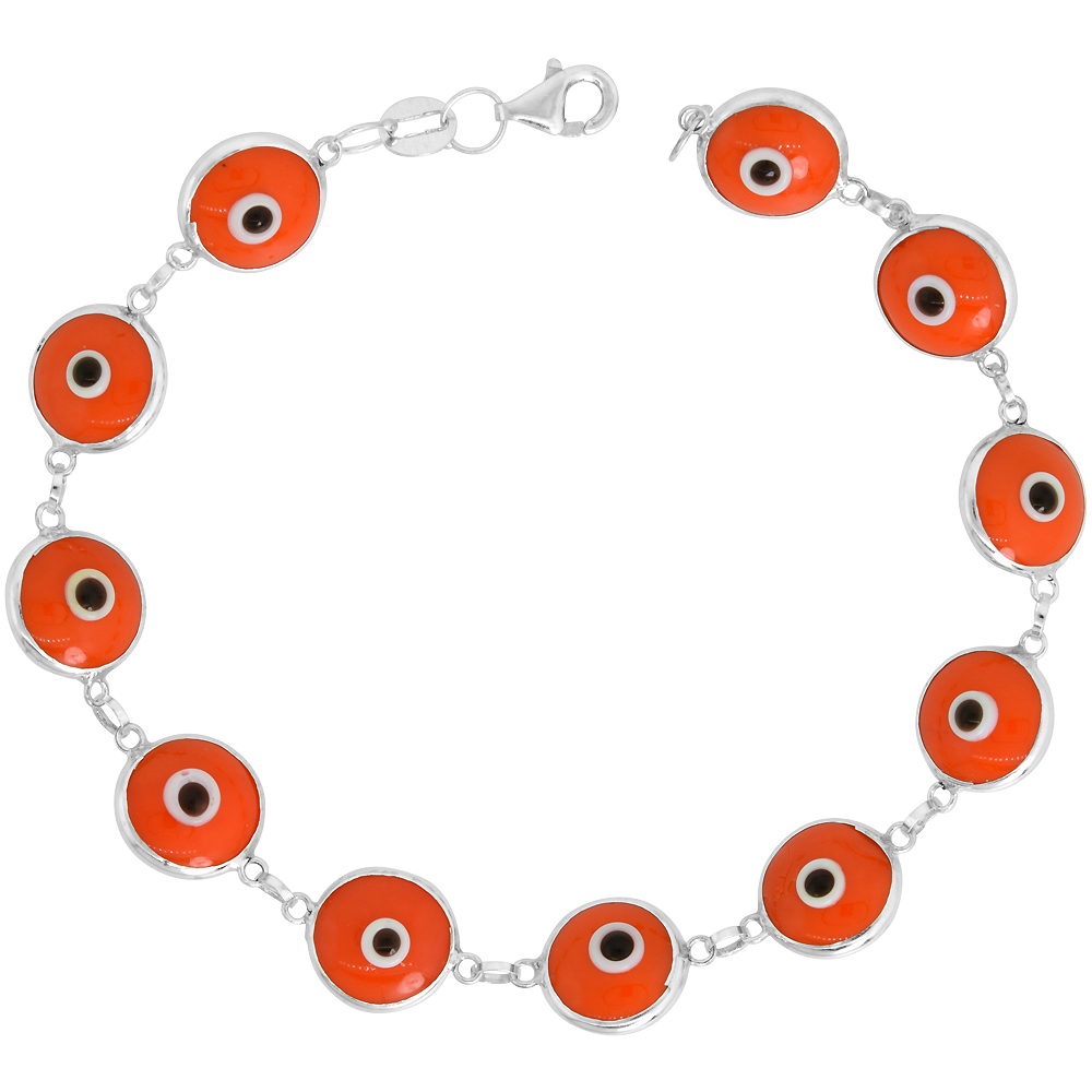 STERLING SILVER ORANGE EVIL EYE BRACELET FOR WOMEN 10 MM GLASS EYES 8 INCH