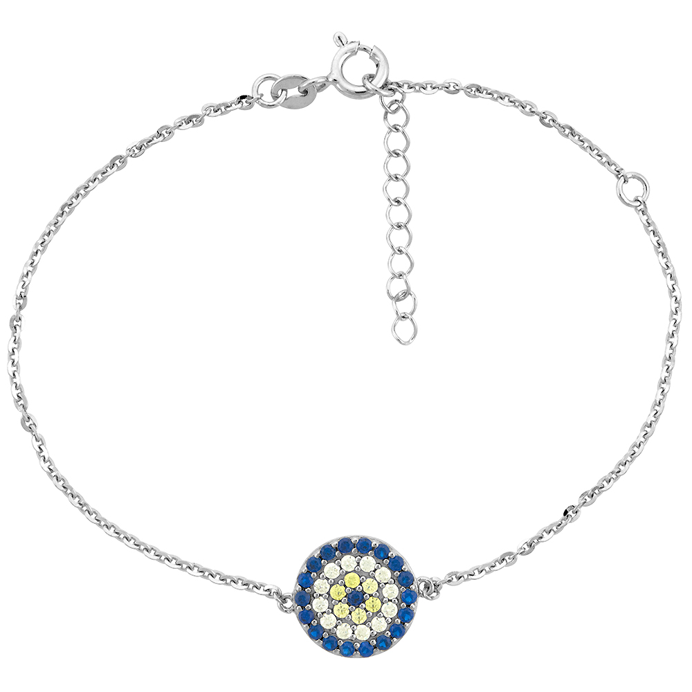 STERLING SILVER CUBIC ZIRCONIA ROUND EVIL EYE CHARM BRACELET, 6 - 7 INCHES LONG + 1 IN EXTENSION