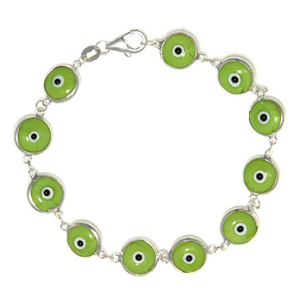STERLING SILVER GREEN EVIL EYE BRACELET FOR WOMEN 10 MM GLASS EYES PISTACHIO 8 INCH