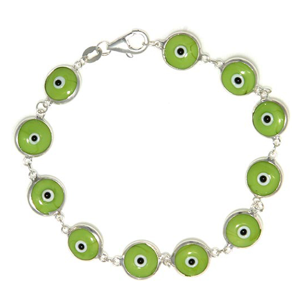 Sterling Silver Evil Eye Bracelet for Women and Girls 10 mm Glass Eyes Pistachio Green Color 7 inch