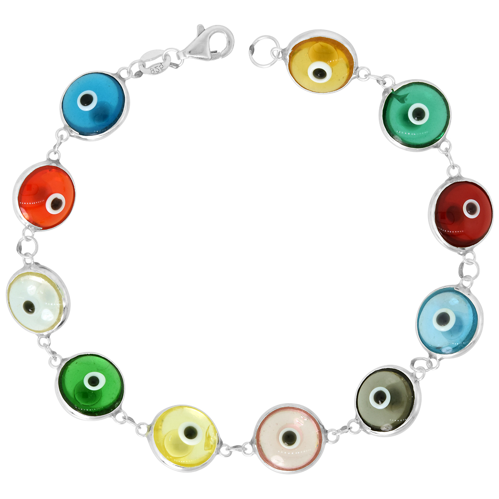 STERLING SILVER CLEAR MULTI COLOR EVIL EYE BRACELET FOR WOMEN 10 MM GLASS EYES CLEAR 8 INCH