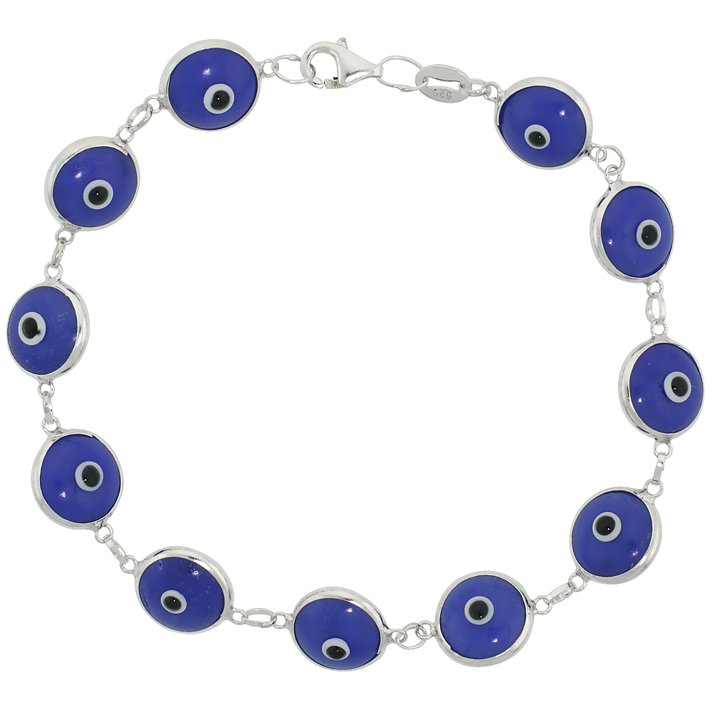 STERLING SILVER TANZANITE COLOR BLUE EVIL EYE BRACELET FOR WOMEN 10 MM GLASS EYES 8 INCH