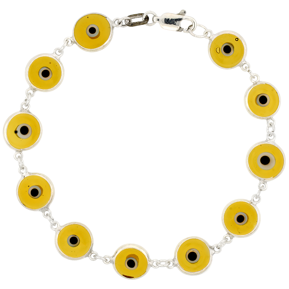STERLING SILVER LEMON COLOR YELLOW EVIL EYE BRACELET FOR WOMEN 10 MM GLASS EYES CLEAR 8 INCH