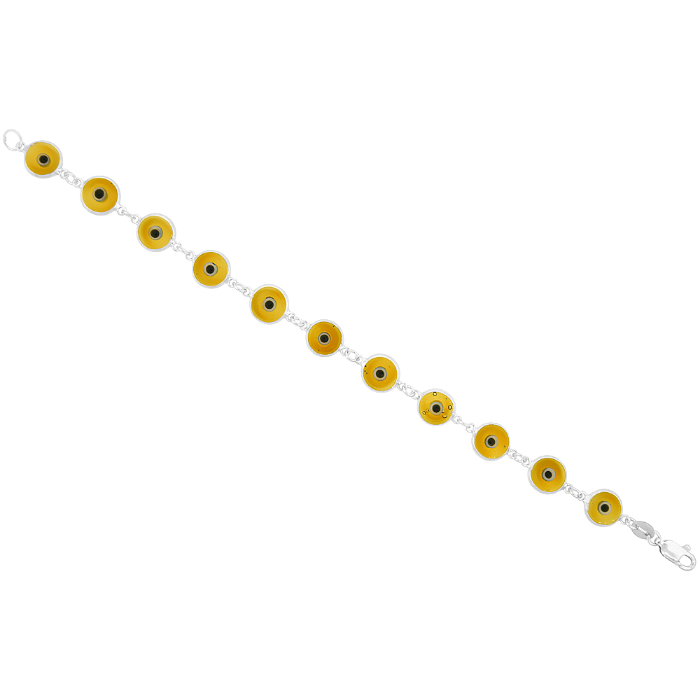 STERLING SILVER SMALL EVIL EYE BRACELET LIGHT AMBER, 7 INCH