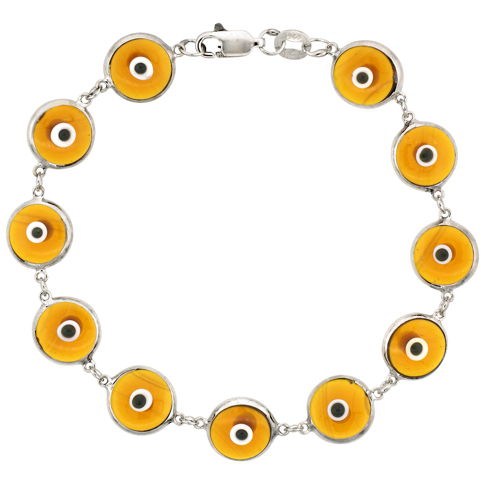 Sterling Silver Evil Eye Bracelet for Women and Girls 10 mm Glass Eyes Clear Amber Color 7 inch