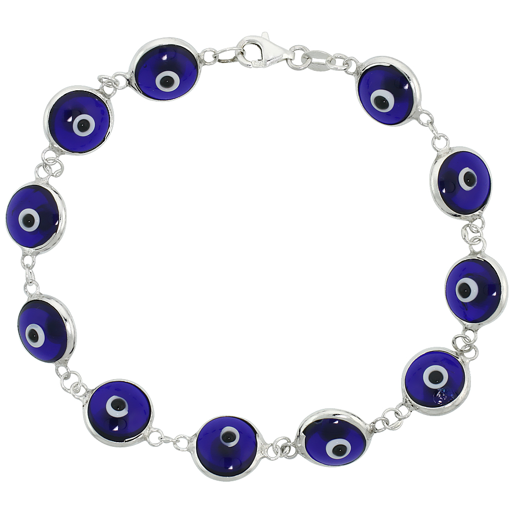 STERLING SILVER NAVY BLUE EVIL EYE BRACELET FOR WOMEN 10 MM GLASS EYE BEADS 8 INCH