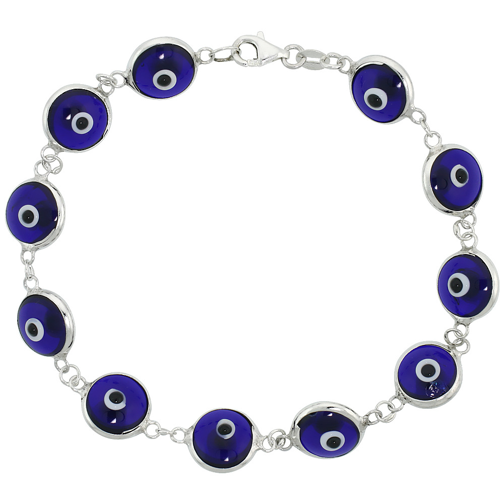 Sterling Silver Evil Eye Bracelet for Women and Girls 10 mm Glass Eyes Navy Blue Color 7 inch