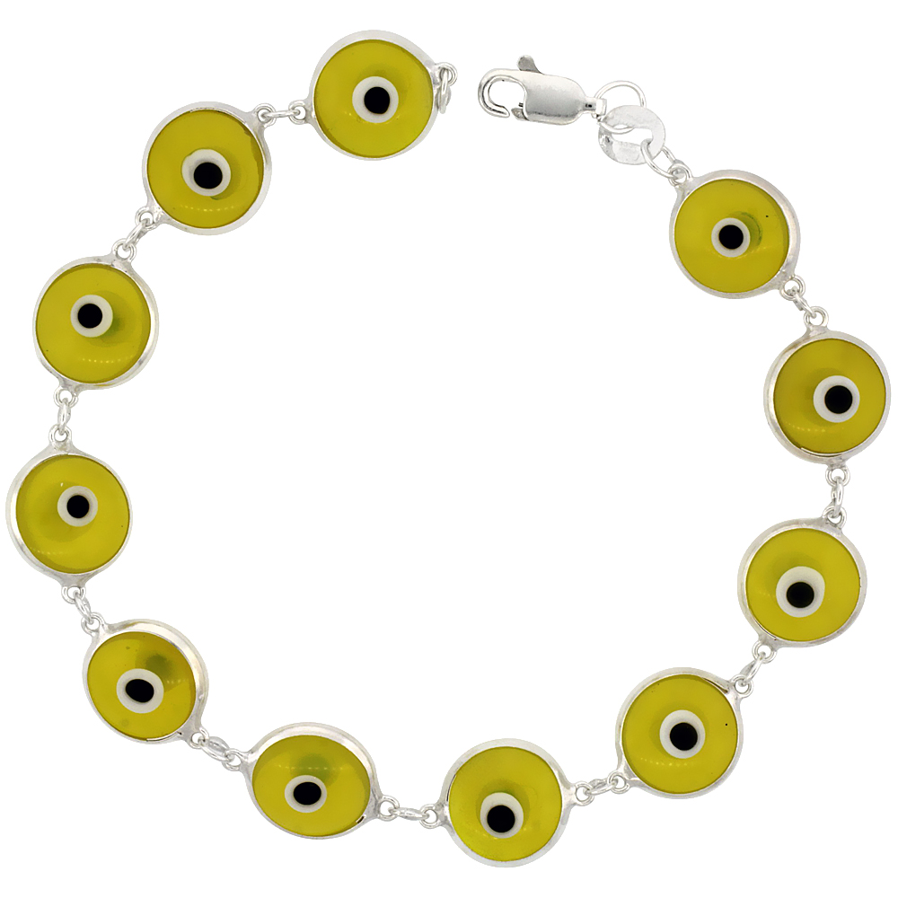 STERLING SILVER EVIL EYE BRACELET FOR WOMEN 10 MM GLASS EYES CLEAR PERIDOT GREEN COLOR 7 INCH