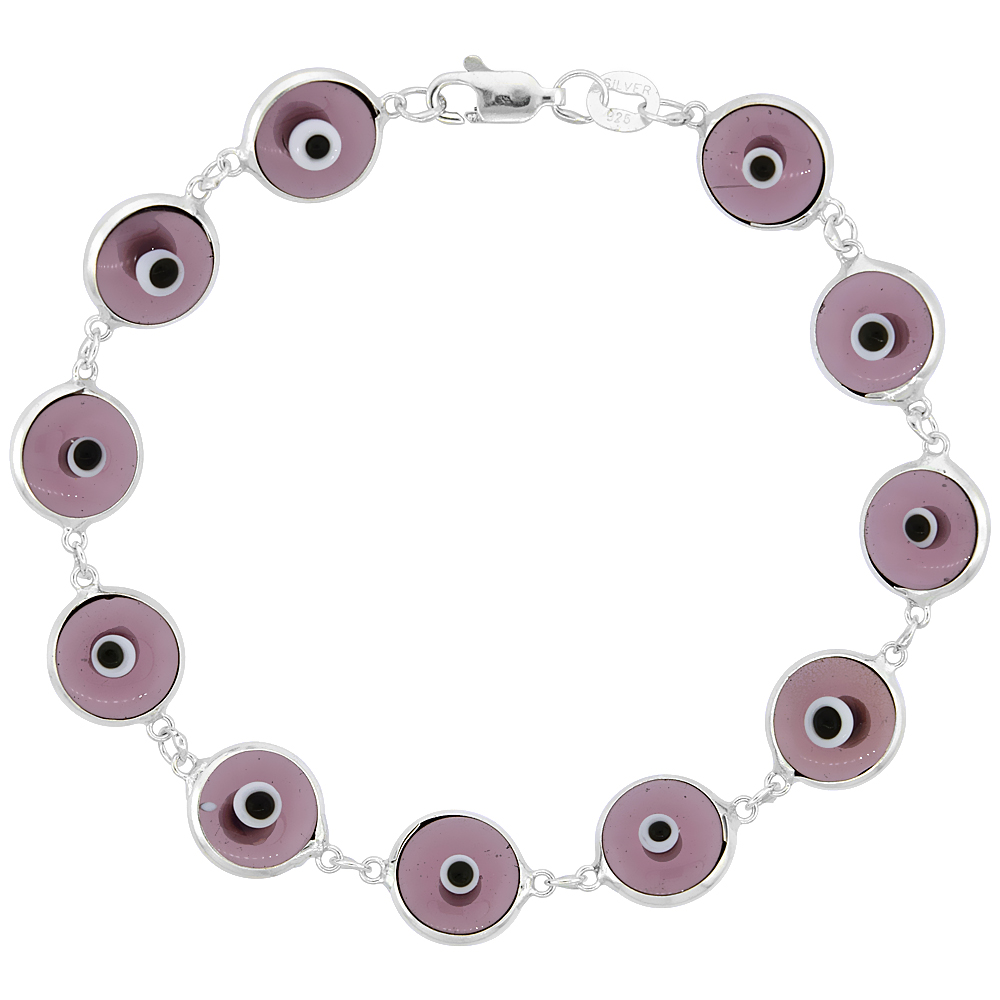 STERLING SILVER CLEAR AMETHYST COLOR PURPLE EVIL EYE BRACELET FOR WOMEN 10 MM GLASS EYES 8 INCH