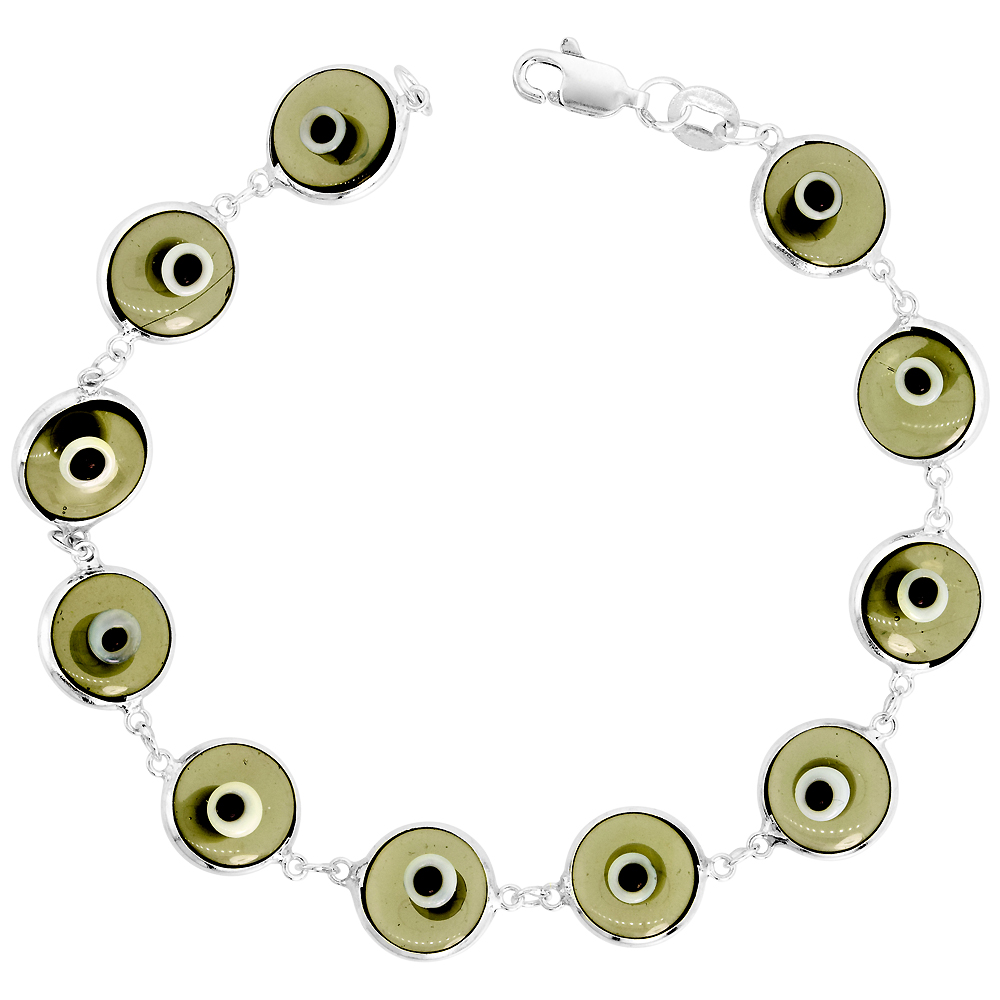 STERLING SILVER SMOKEY QUARTZ COLOR EVIL EYE BRACELET FOR WOMEN 10 MM GLASS EYES CLEAR 8 INCH