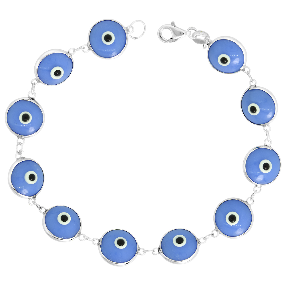 STERLING SILVER DENIM BLUE EVIL EYE BRACELET FOR WOMEN 10 MM GLASS EYE BEADS 8 INCH