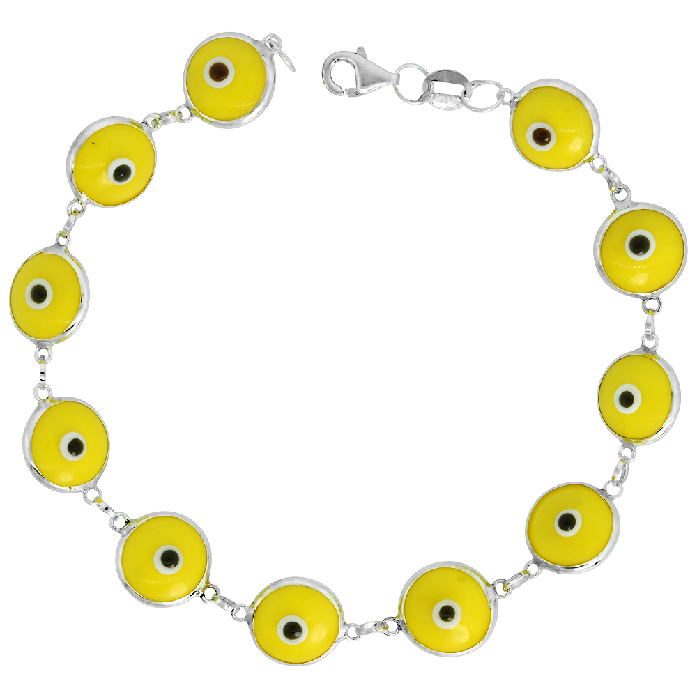 STERLING SILVER YELLOW EVIL EYE BRACELET FOR WOMEN 10 MM GLASS EYE BEADS 8 INCH