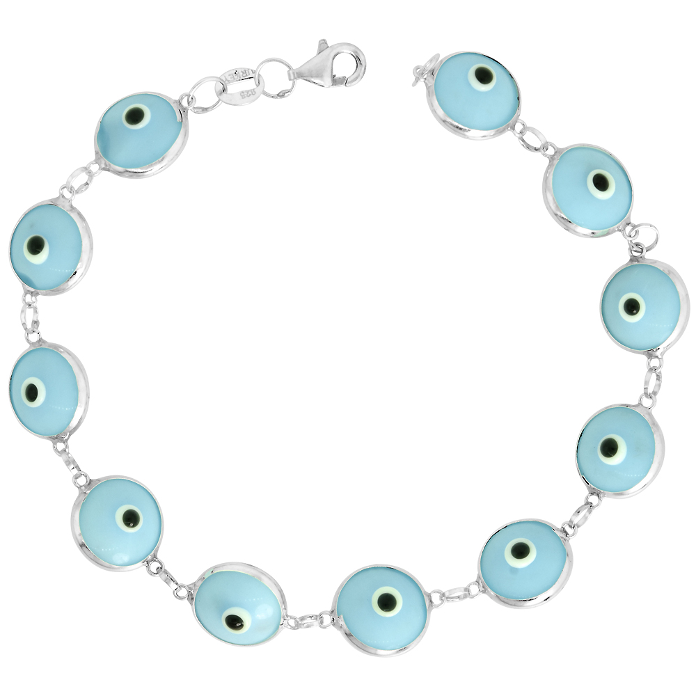 STERLING SILVER SKY BLUE EVIL EYE BRACELET FOR WOMEN 10 MM GLASS EYE BEADS 8 INCH
