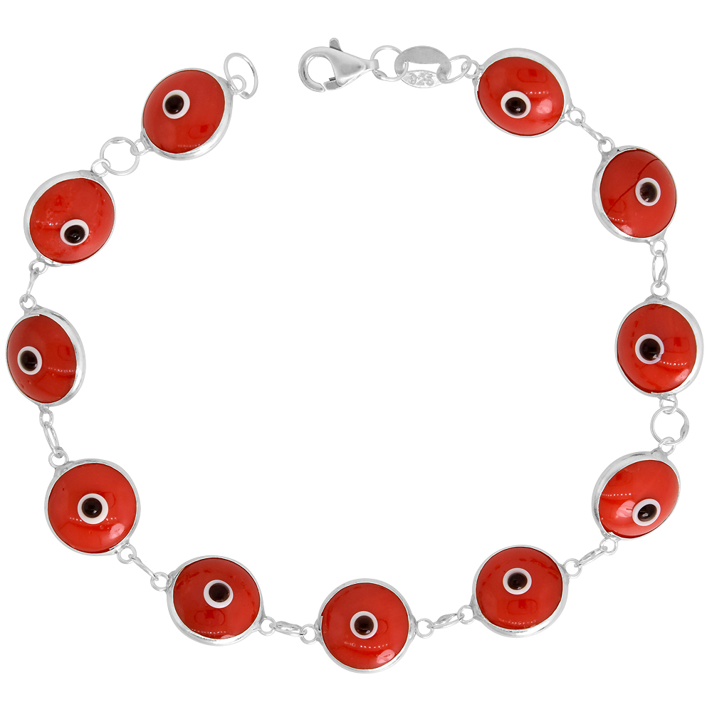 STERLING SILVER BURGUNDY EVIL EYE BRACELET FOR WOMEN 10 MM GLASS EYE BEADS 8 INCH