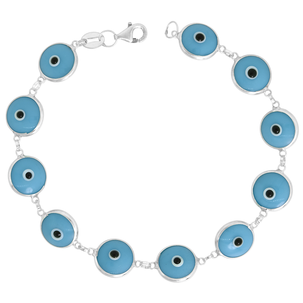 STERLING SILVER EVIL EYE BRACELET FOR WOMEN 10 MM GLASS EYES TURQUOISE COLOR 7 INCH