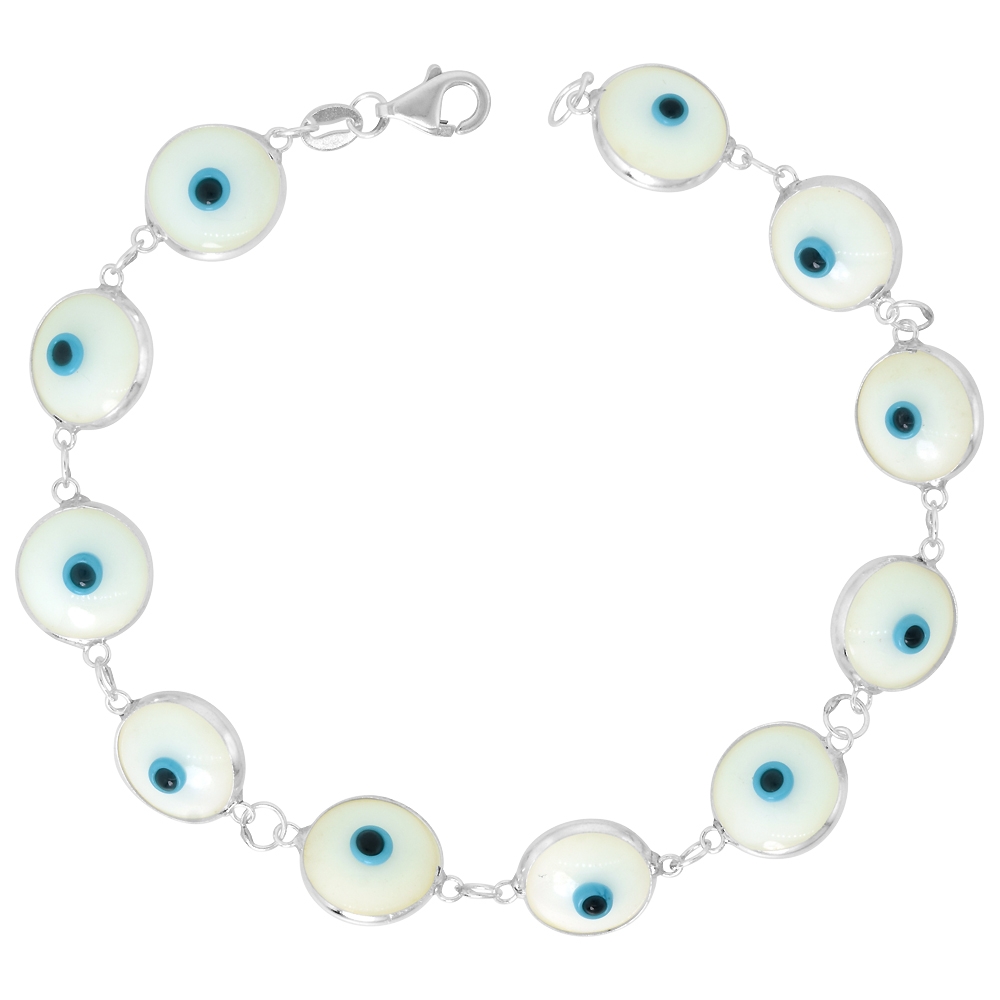STERLING SILVER WHITE EVIL EYE BRACELET FOR WOMEN 10 MM GLASS EYE BEADS 8 INCH
