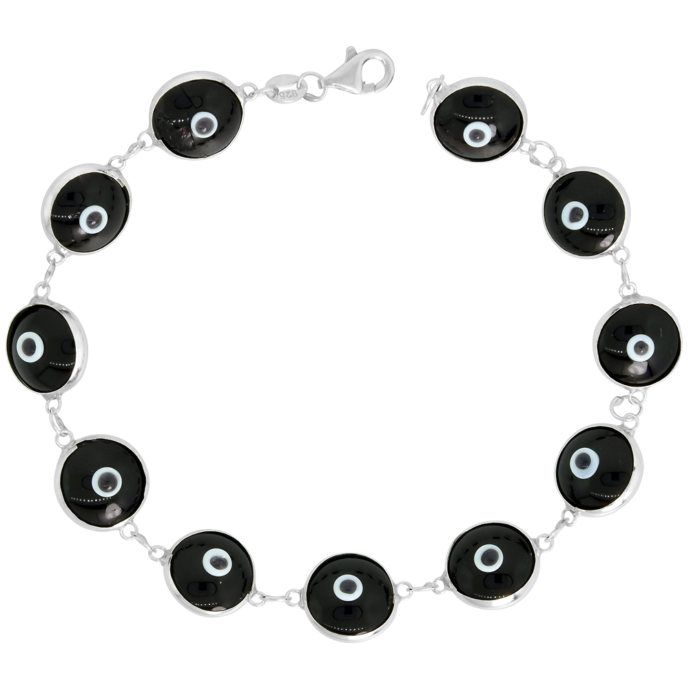STERLING SILVER BLACK EVIL EYE BRACELET FOR WOMEN 10 MM GLASS EYE BEADS 8 INCH