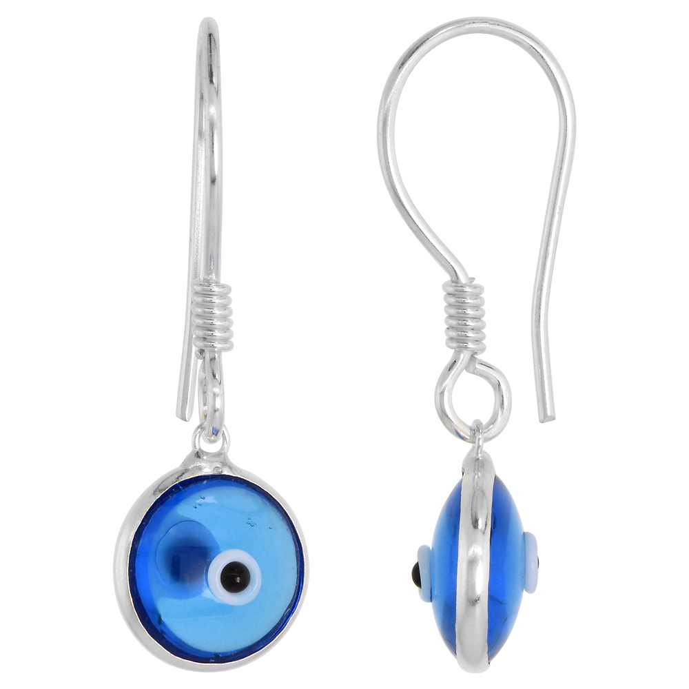 STERLING SILVER LIGHT CLEAR BLUE COLOR EVIL EYE EARRINGS FOR WOMEN & TEENS 10MM GLASS EYES WITH FISH HOOK