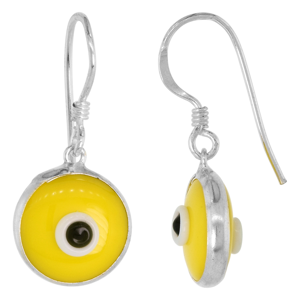 Sterling Silver Yellow Color Evil Eye Earrings for Women and Girls 10mm Glass Eyes with Fish Hook