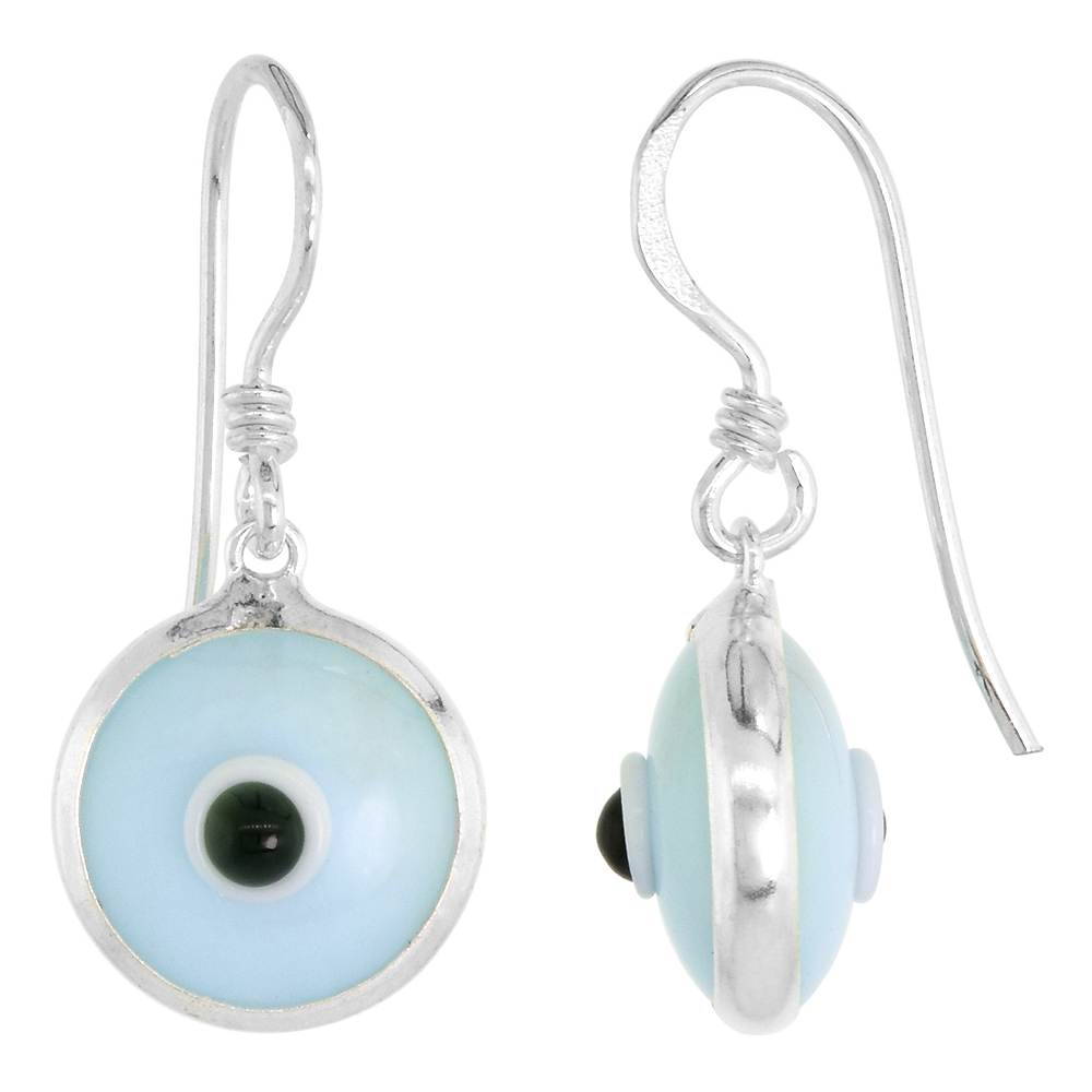 Sterling Silver Sky Blue Color Evil Eye Earrings for Women and Girls 10mm Glass Eyes with Fish Hook