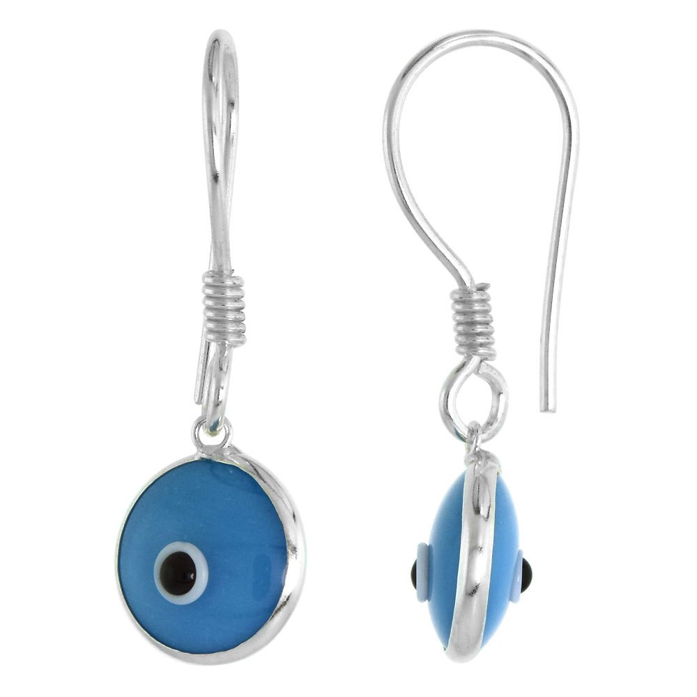 Sterling Silver Turquoise Color Evil Eye Earrings for Women and Girls 10mm Glass Eyes with Fish Hook