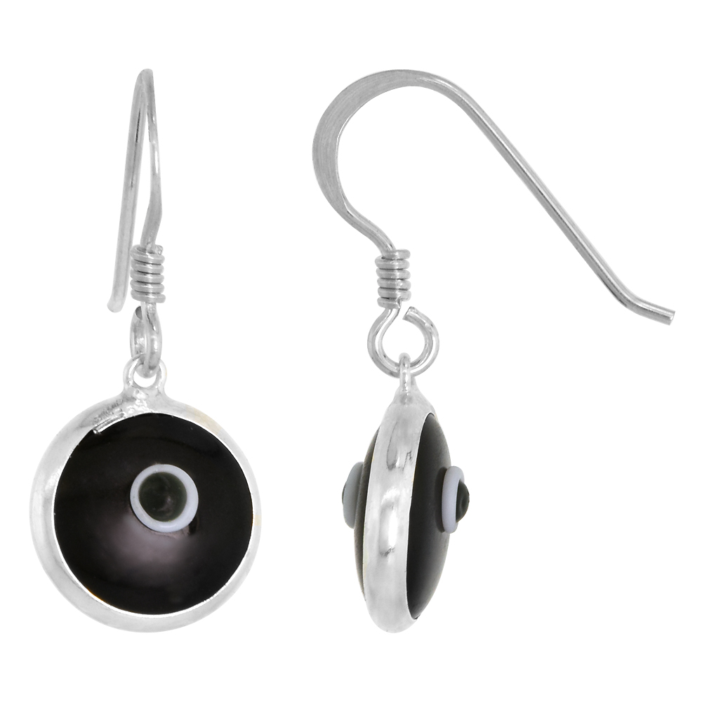 Sterling Silver Black Color Evil Eye Earrings for Women and Girls 10mm Glass Eyes with Fish Hook
