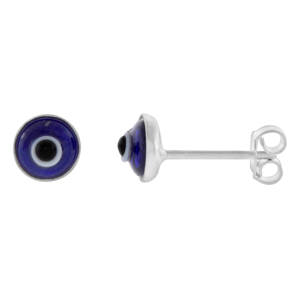 STERLING SILVER NAVY BLUE EVIL EYE STUD EARRINGS FOR WOMEN & TEENS 6MM GLASS EYES