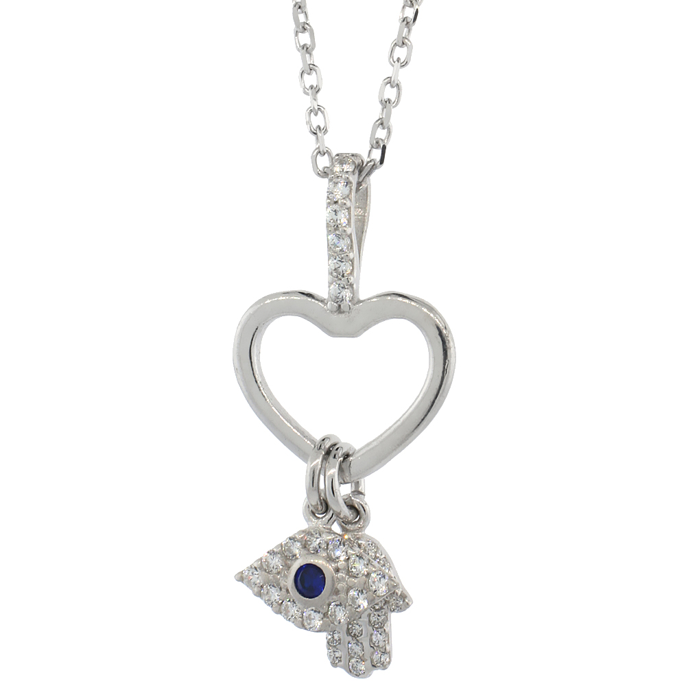 Sterling Silver Cubic Zirconia Evil Eye Heart &amp; Hamsa Necklace 16 inch