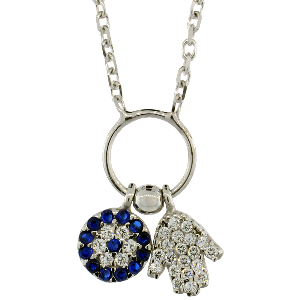 Sterling Silver Cubic Zirconia Evil Eye &amp; Hamsa Necklace, 16 inch