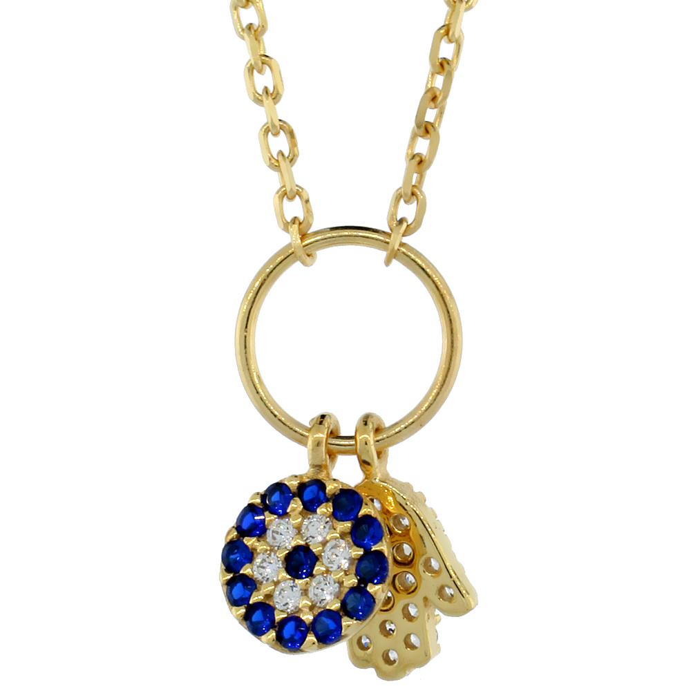 Sterling Silver Cubic Zirconia Evil Eye &amp; Hamsa Charm Necklace Gold Plated 16 inch Necklace
