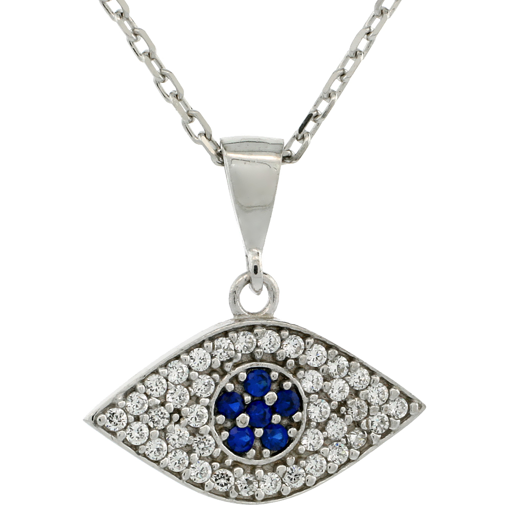 Sterling Silver Cubic Zirconia Evil Eye Necklace 17 inch Necklace 3/4 inch (20 mm)