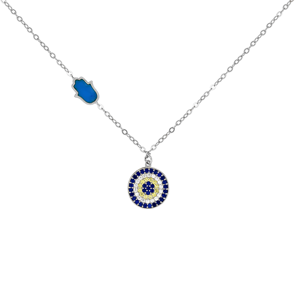 Sterling Silver Cubic Zirconia Evil Eye Necklace Hamsa Accent, 18 inches long + 1 in extension