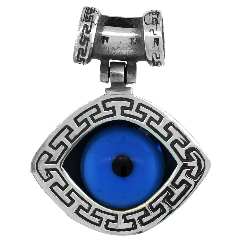 Sterling Silver Evil Eye Pendant Navy Blue Color Greek Key Pattern 1 inch