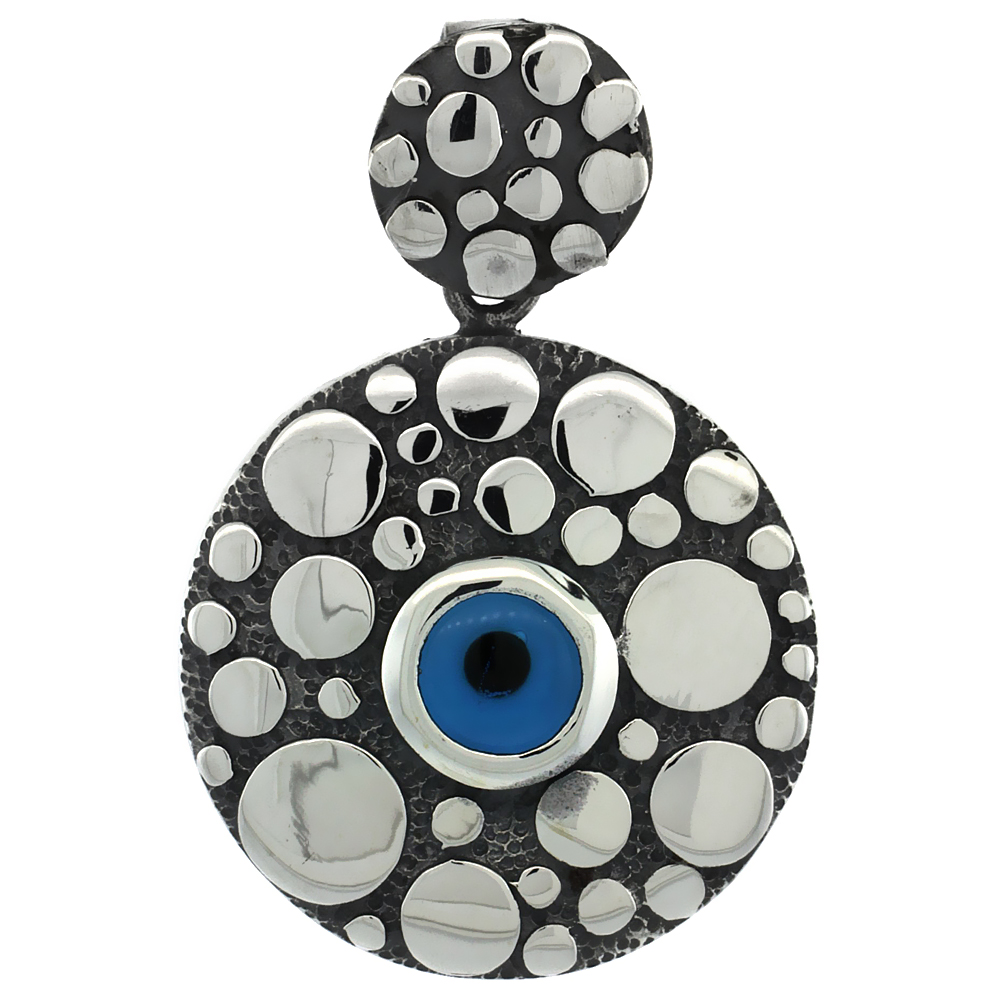 Sterling Silver Evil Eye Pendant Navy Blue Color Pebble Motif 1 inch