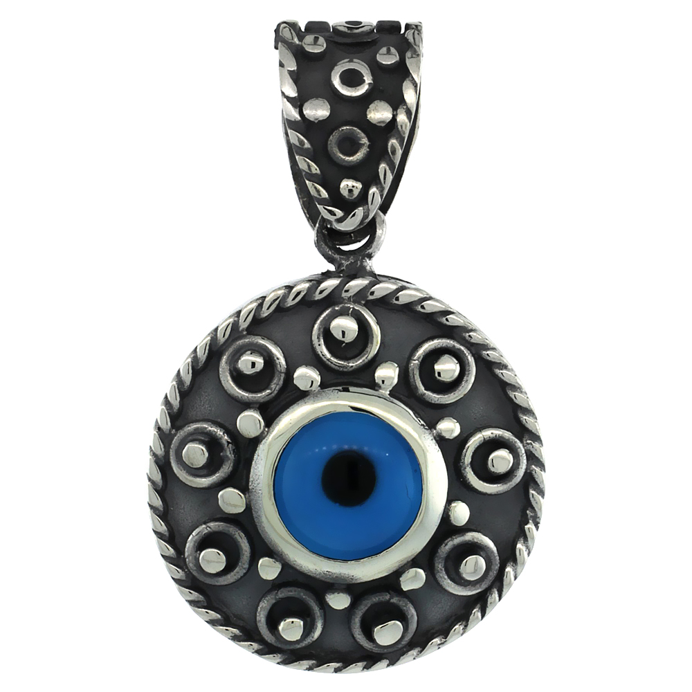 Sterling Silver Evil Eye Pendant Navy Blue Color Evil Eye Motif 7/8 inch