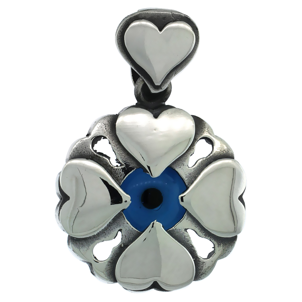 Sterling Silver Evil Eye Pendant Navy Blue Color Hearts Motif 3/4 inch