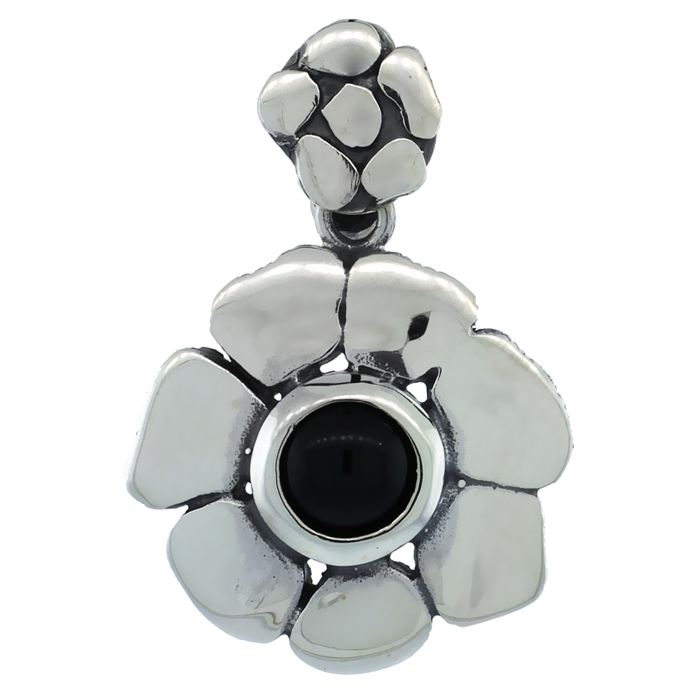 Sterling Silver Flower Pendant Black Stone, 3/4 inch wide