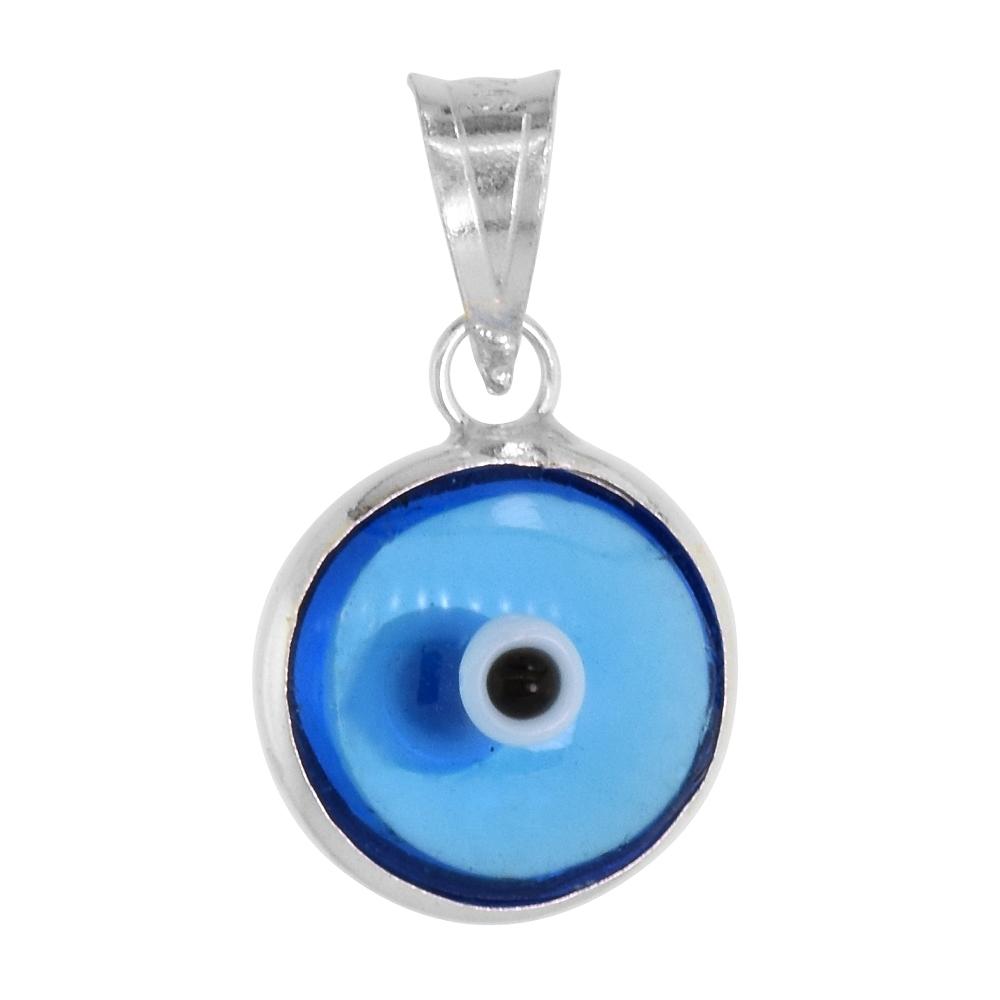 STERLING SILVER EVIL EYE PENDANT LIGHT CLEAR BLUE COLOR, 3/8 INCH WIDE