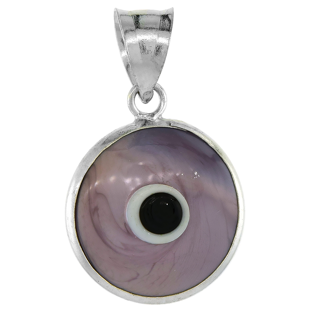 Sterling Silver Evil Eye Pendant Light Purple Color, 5/8 inch wide