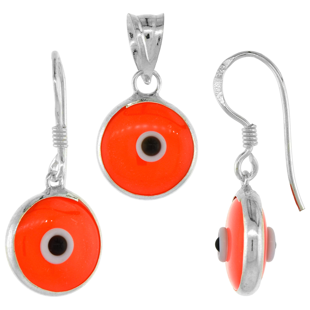 Sterling Silver Evil Eye Pendant & Earrings Set Orange Color