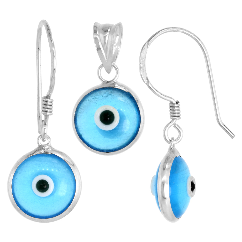 Sterling Silver Evil Eye Pendant &amp; Earrings Set Clear Sky Blue Color