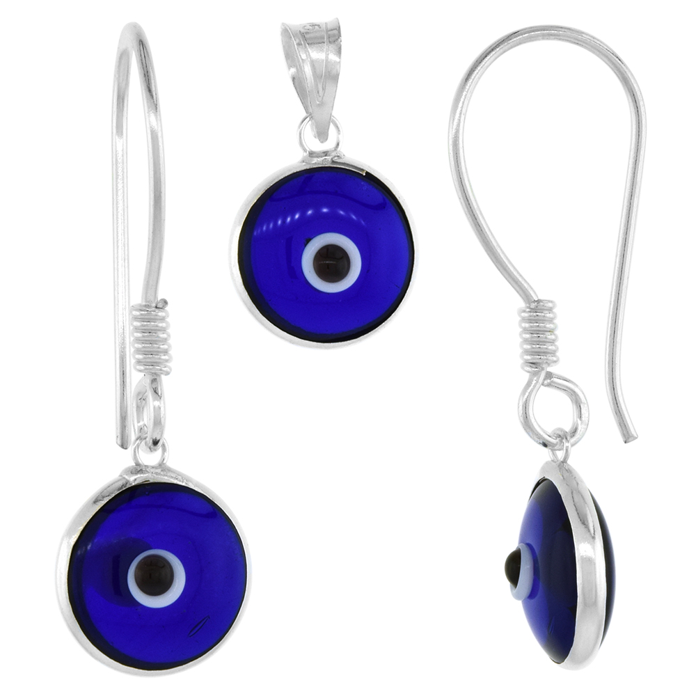 Sterling Silver Evil Eye Pendant &amp; Earrings Set Navy Blue Color